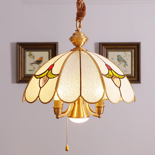 Colonial Gold Frosted Glass Chandelier - 5 Bulbs Scallop Pendant Lamp For Study Room