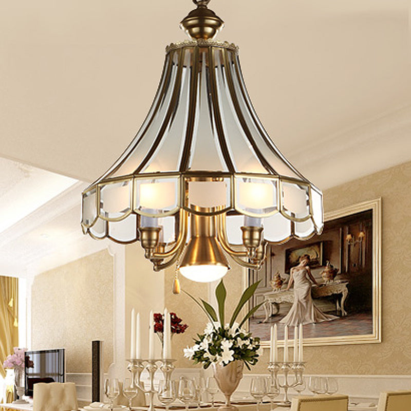 Colonial Sandblasted Glass Brass Scallop Chandelier Pendant Light - 5 Lights Suspension Lamp For