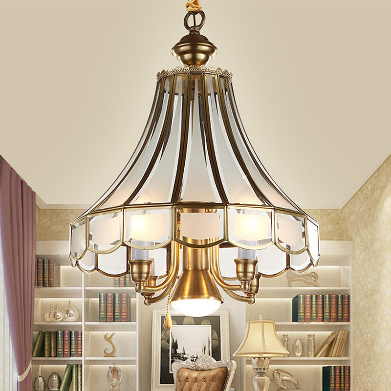 Colonial Sandblasted Glass Brass Scallop Chandelier Pendant Light - 5 Lights Suspension Lamp For