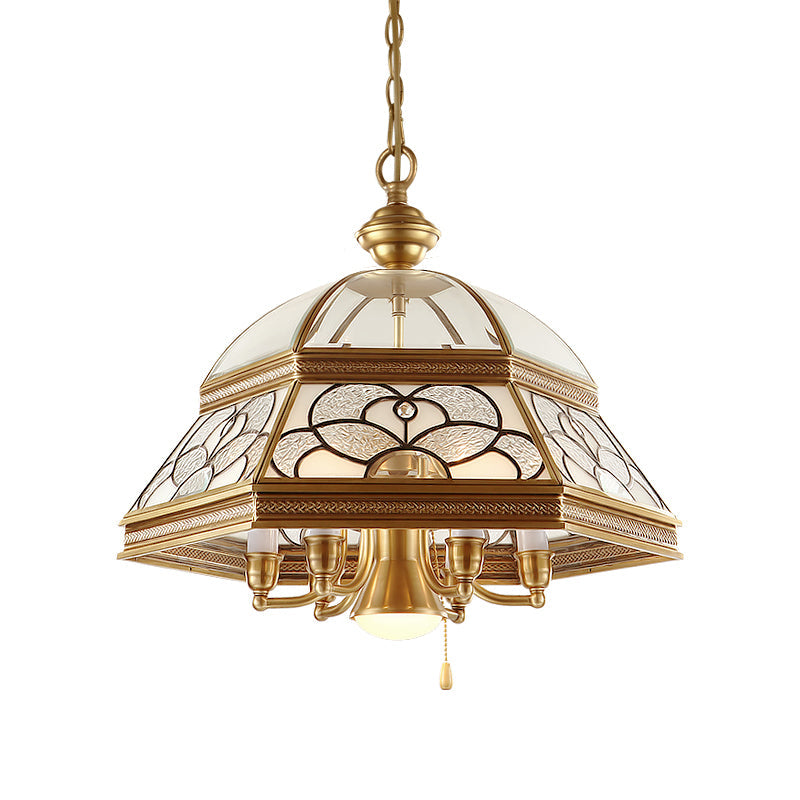 Gold Chandelier Dome With Sandblasted Glass - 6/7 Lights Down Lighting Pendant For Living Room