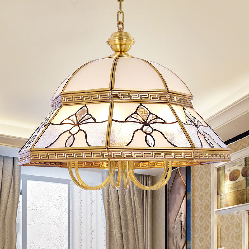 Gold Colonial Dome Pendant Chandelier - 6-Head Sandblasted Glass Fixture