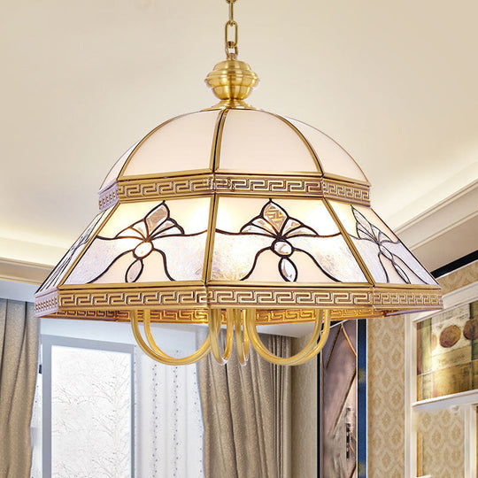 Gold Colonial Dome Pendant Chandelier - 6-Head Sandblasted Glass Fixture