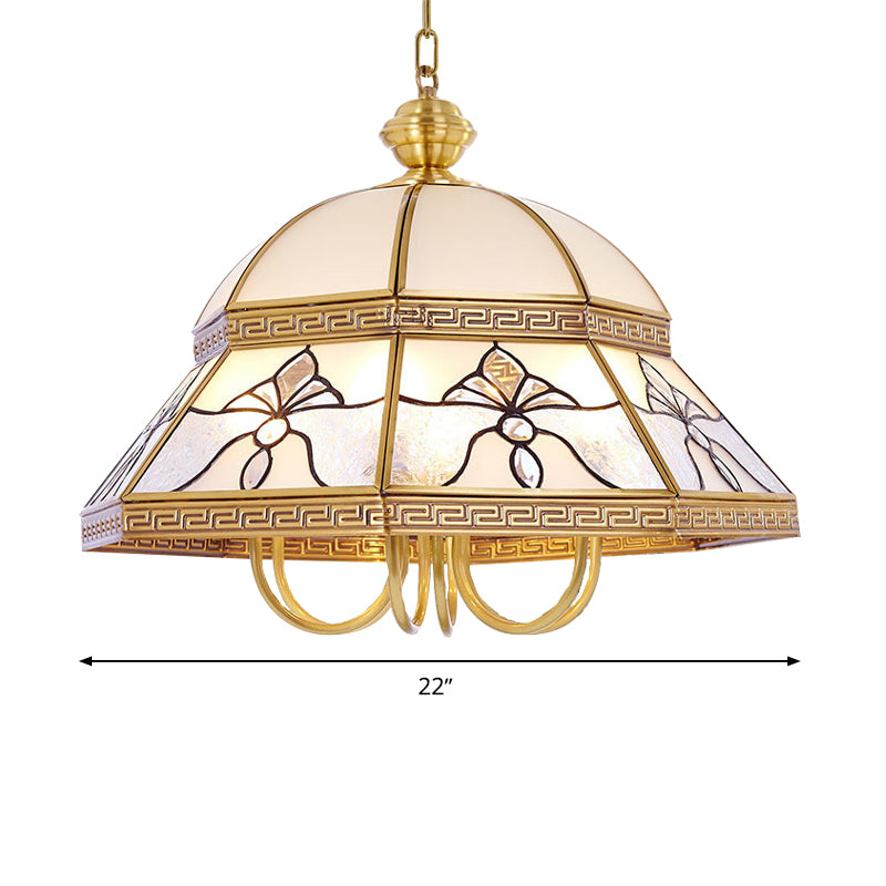 Gold Colonial Dome Pendant Chandelier - 6-Head Sandblasted Glass Fixture