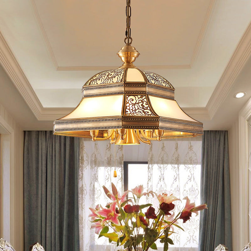 Dining Room Colonial Chandelier - Bell Mouth Blown Opal Glass 5 Heads Gold Hanging Light Fixture