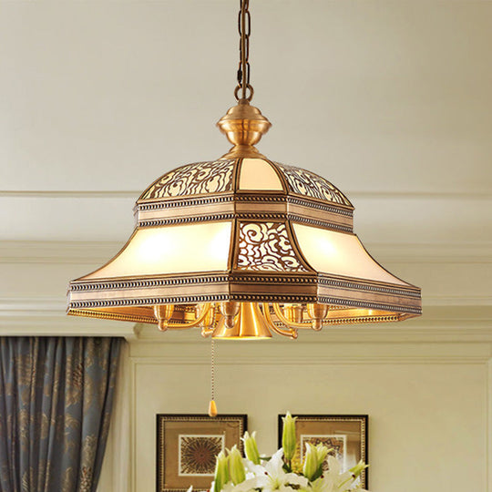 Dining Room Colonial Chandelier - Bell Mouth Blown Opal Glass 5 Heads Gold Hanging Light Fixture