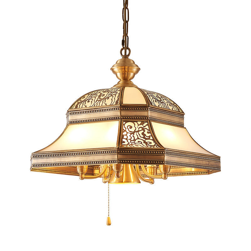 Dining Room Colonial Chandelier - Bell Mouth Blown Opal Glass 5 Heads Gold Hanging Light Fixture