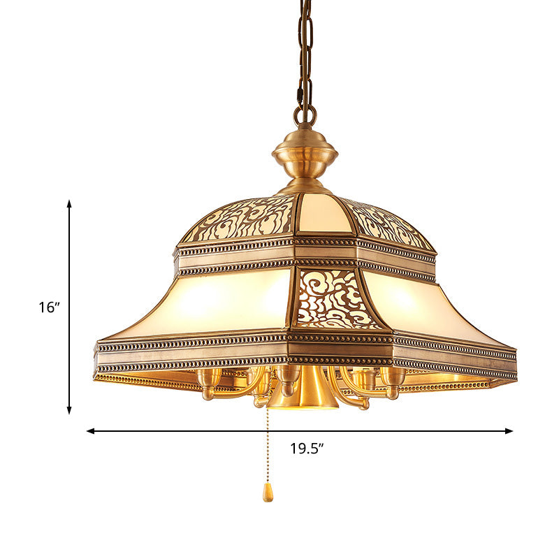 Dining Room Colonial Chandelier - Bell Mouth Blown Opal Glass 5 Heads Gold Hanging Light Fixture