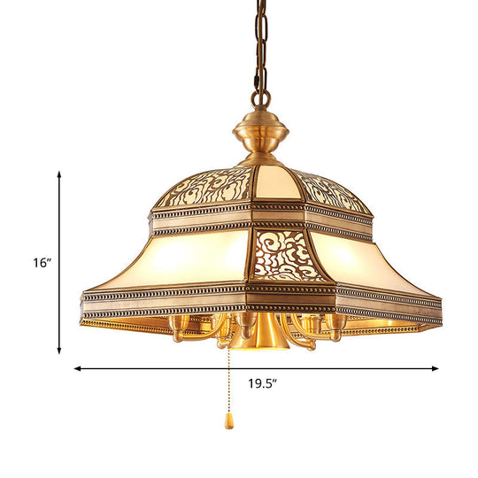 Dining Room Colonial Chandelier - Bell Mouth Blown Opal Glass 5 Heads Gold Hanging Light Fixture