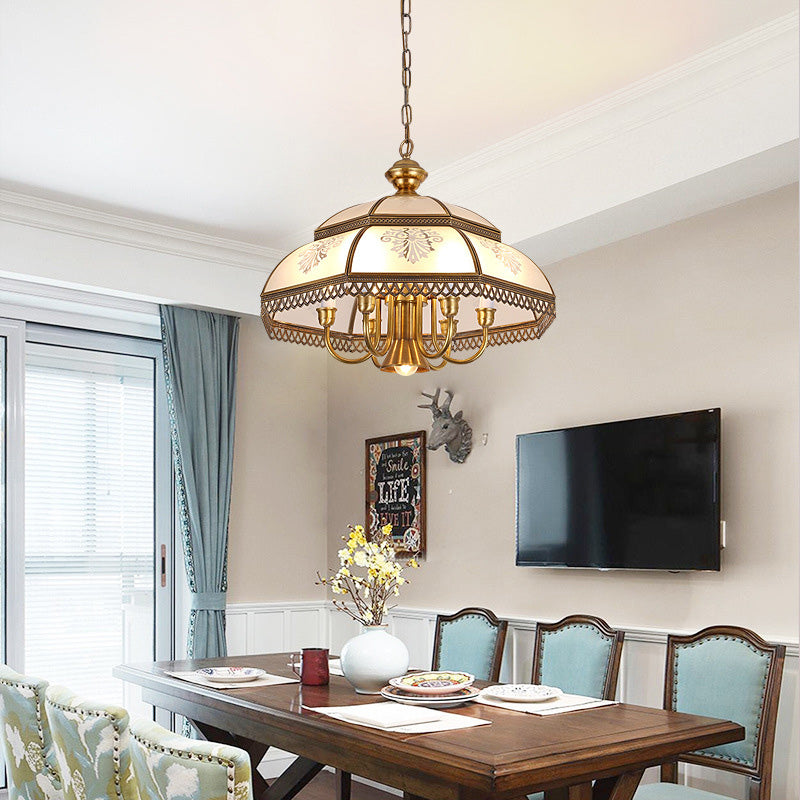 Gold Opaline Glass Dome Pendant Ceiling Light - Colonial Style Chandelier For Dining Room