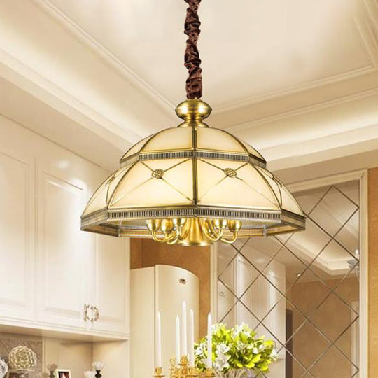 Frosted Glass Gold Pendant Chandelier Bowl - Colonial Ceiling Hang Fixture For Kitchen (7 Lights)