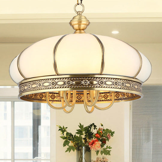 Colonial Oval Hanging Pendant Chandelier With 6 Frosted White Glass Shades In Gold