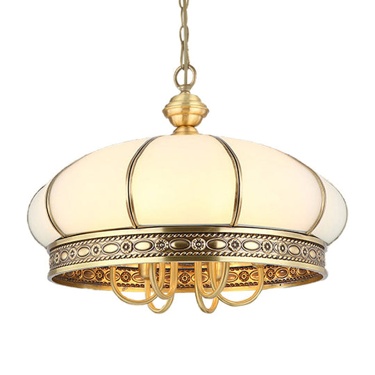 Colonial Oval Hanging Pendant Chandelier With 6 Frosted White Glass Shades In Gold