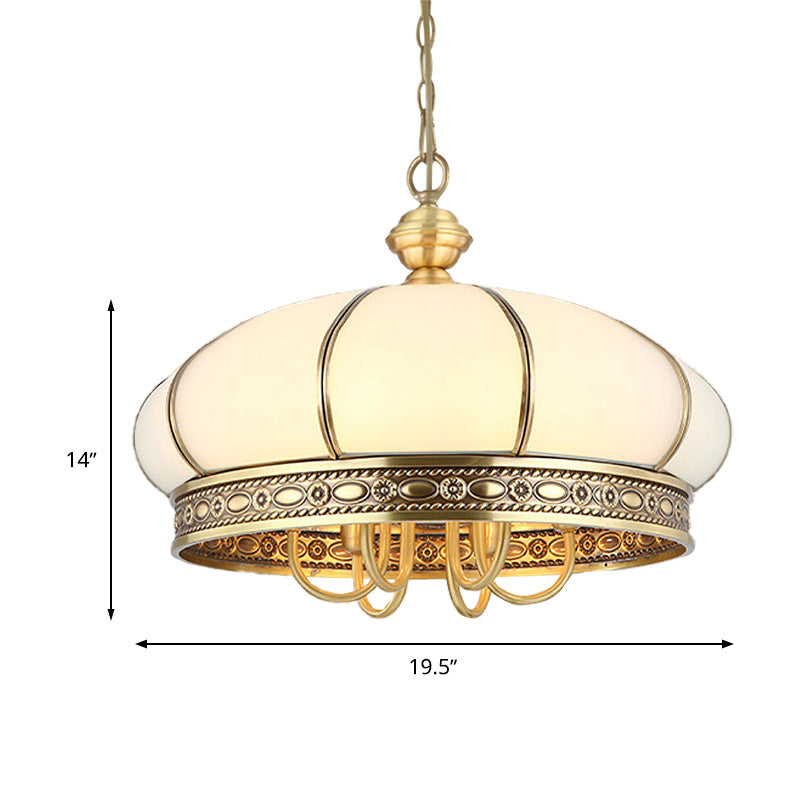 Colonial Oval Hanging Pendant Chandelier With 6 Frosted White Glass Shades In Gold