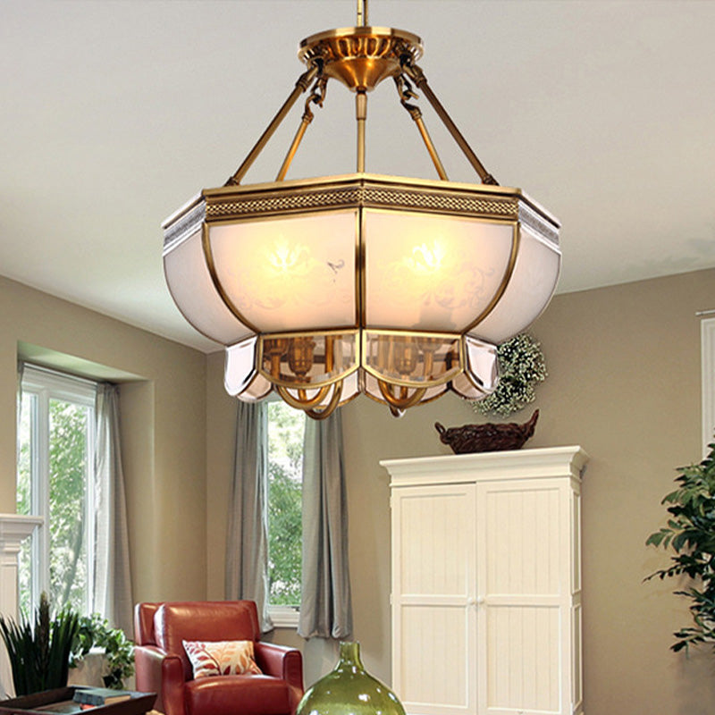 Colonial Brass Chandelier With 4 Frosted Glass Bulbs - Elegant Suspension Lamp For Your Living Room