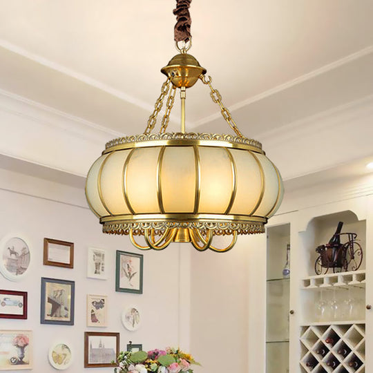 Colonial Opal Blown Glass Drum Pendant Chandelier - Brass 4 Heads Living Room Ceiling Light