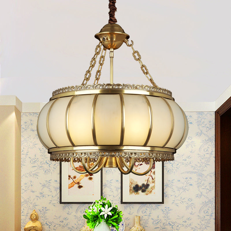 Colonial Opal Blown Glass Drum Pendant Chandelier - Brass 4 Heads Living Room Ceiling Light