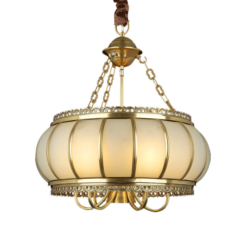 Colonial Opal Blown Glass Drum Pendant Chandelier - Brass 4 Heads Living Room Ceiling Light