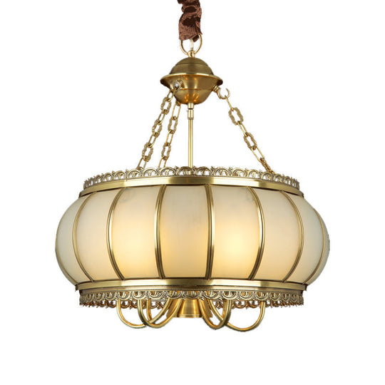 Colonial Opal Blown Glass Drum Pendant Chandelier - Brass 4 Heads Living Room Ceiling Light