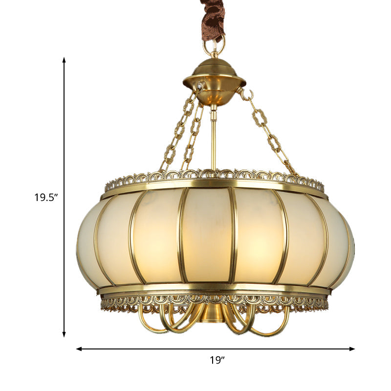 Colonial Opal Blown Glass Drum Pendant Chandelier - Brass 4 Heads Living Room Ceiling Light