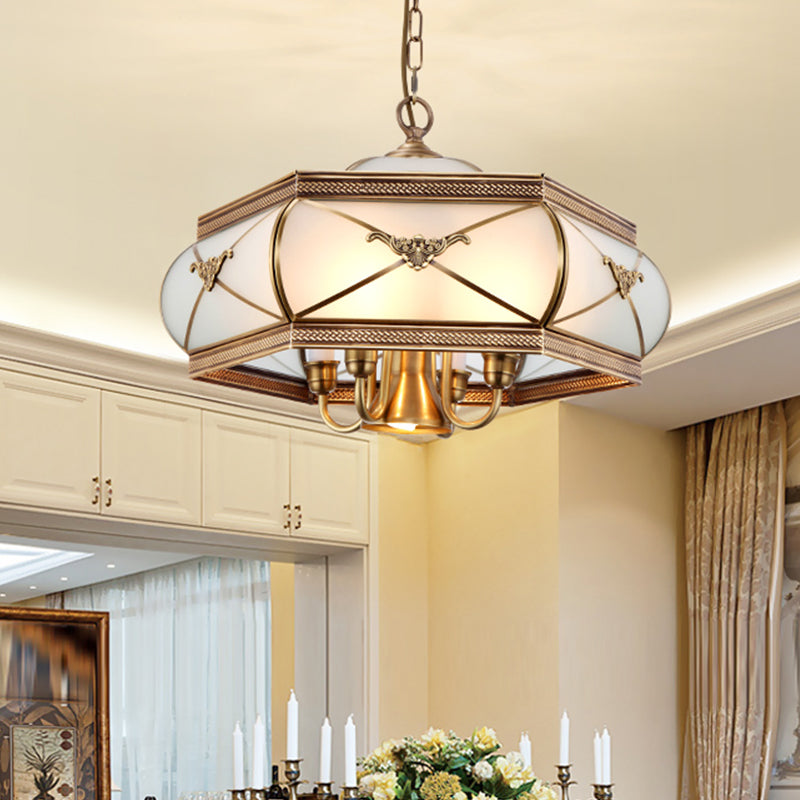 Colonial Satin Opal Glass 5-Light Brass Hexagon Pendant Chandelier For Dining Room