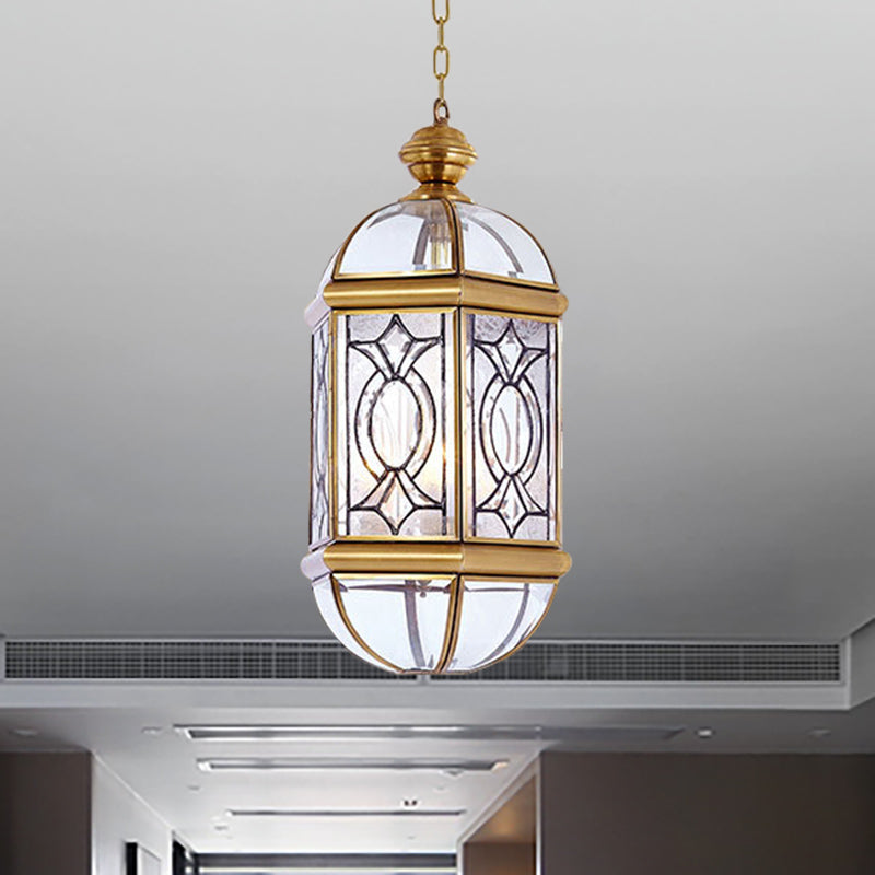 Colonial Brass Lantern Outdoor Chandelier Light - Frosted Glass 3 Bulbs Hanging Ceiling Fixture