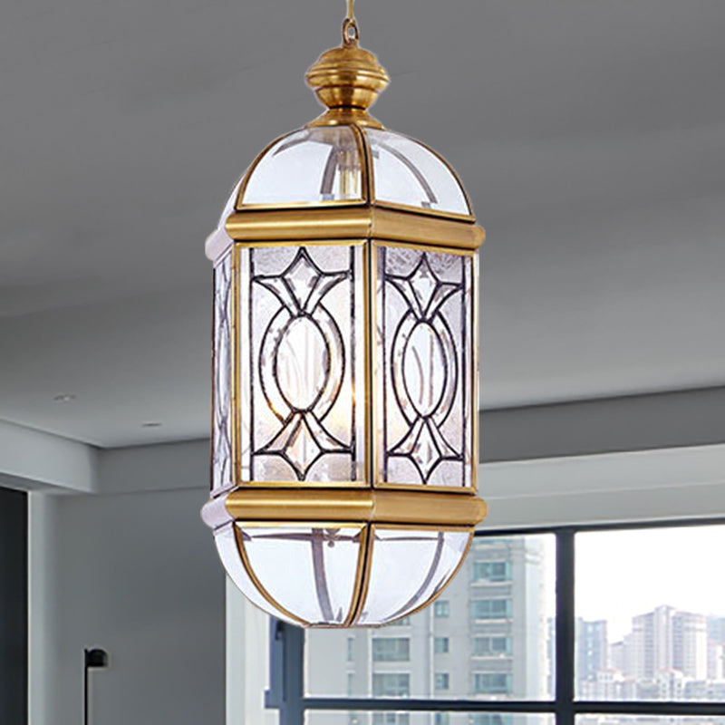 Colonial Brass Lantern Outdoor Chandelier Light - Frosted Glass 3 Bulbs Hanging Ceiling Fixture