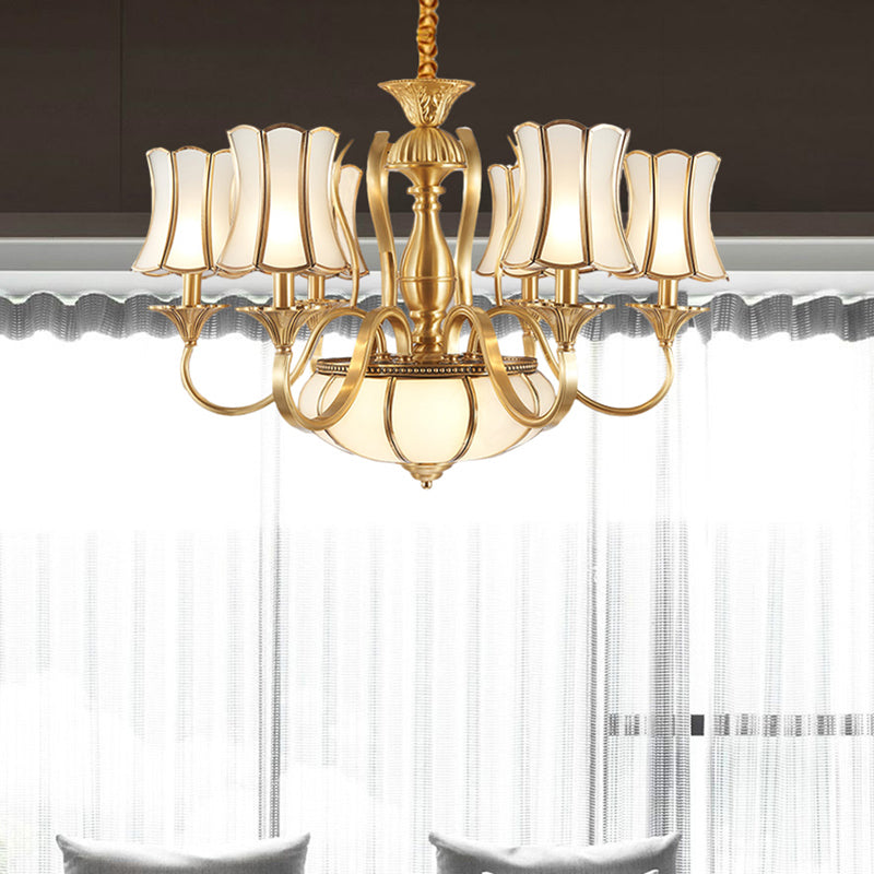 Gold Sputnik Chandelier With Scalloped Frosted White Glass Shades - 6 Head Suspension Lighting