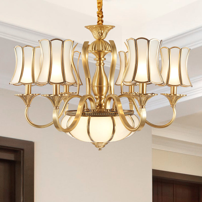 Gold Sputnik Chandelier With Scalloped Frosted White Glass Shades - 6 Head Suspension Lighting