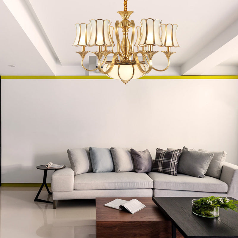 Gold Sputnik Chandelier With Scalloped Frosted White Glass Shades - 6 Head Suspension Lighting