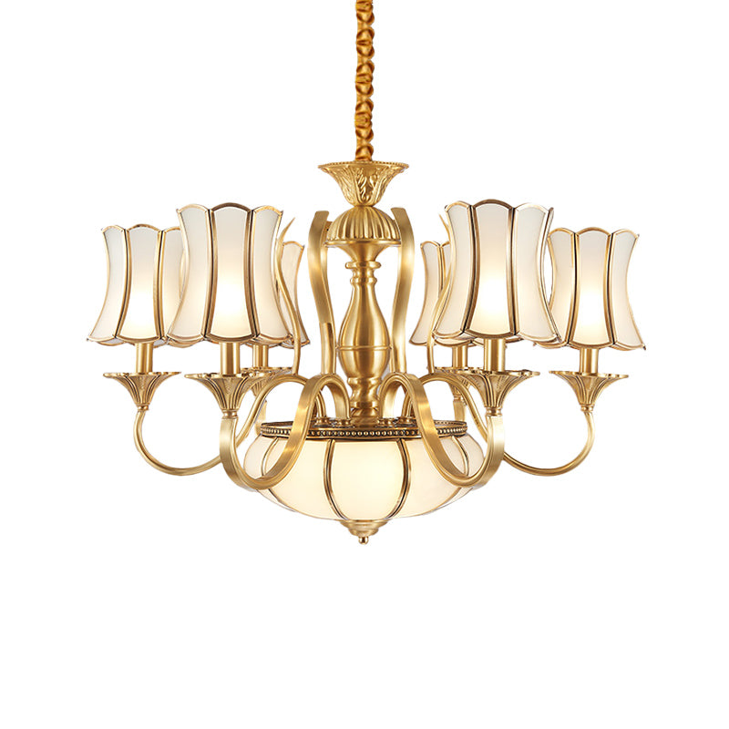 Gold Sputnik Chandelier With Scalloped Frosted White Glass Shades - 6 Head Suspension Lighting