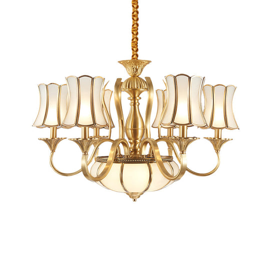 Gold Sputnik Chandelier With Scalloped Frosted White Glass Shades - 6 Head Suspension Lighting