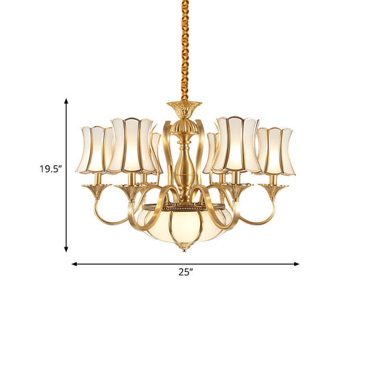 Gold Sputnik Chandelier With Scalloped Frosted White Glass Shades - 6 Head Suspension Lighting