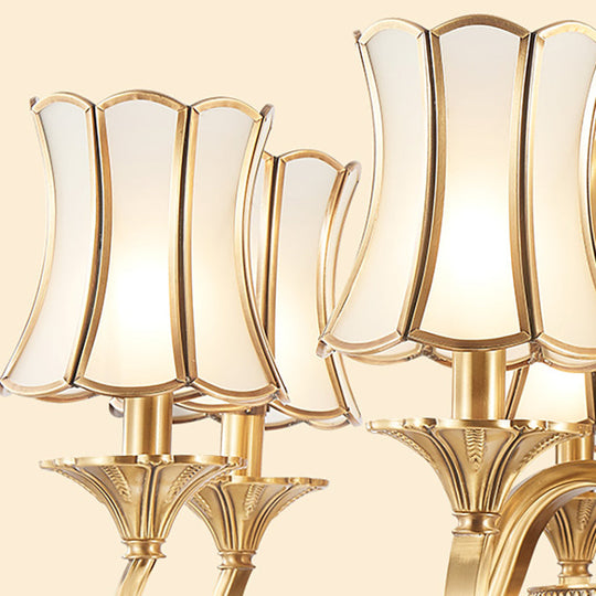 Gold Sputnik Chandelier With Scalloped Frosted White Glass Shades - 6 Head Suspension Lighting