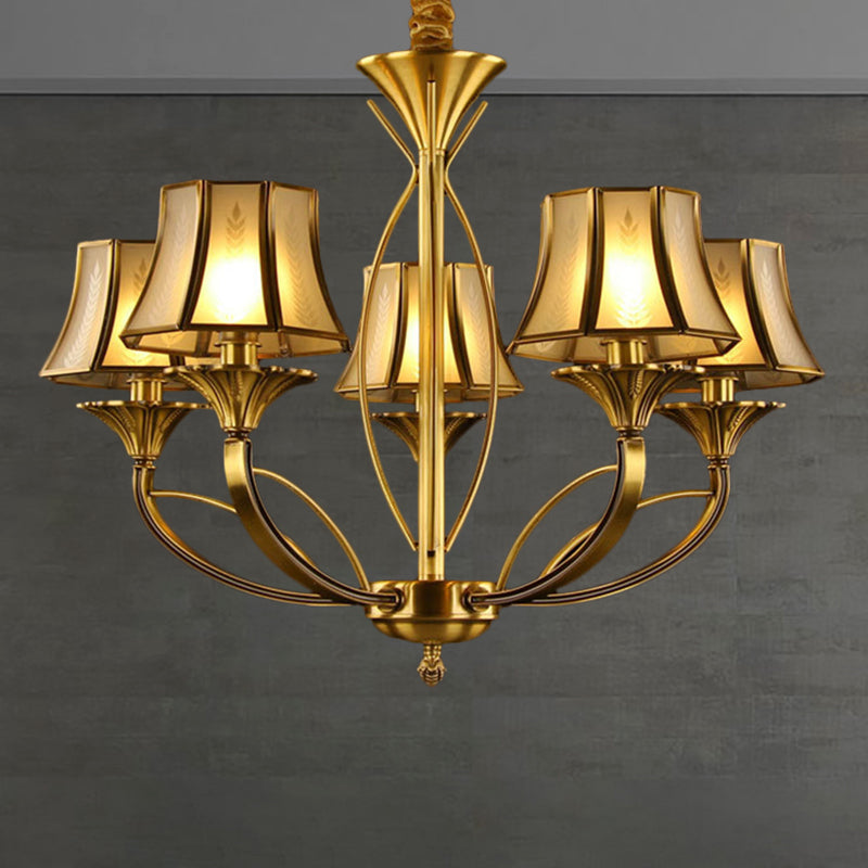 Gold Flared Chandelier With Frosted White Glass Shades - 5/6/8 Heads Pendant Light For Living Room