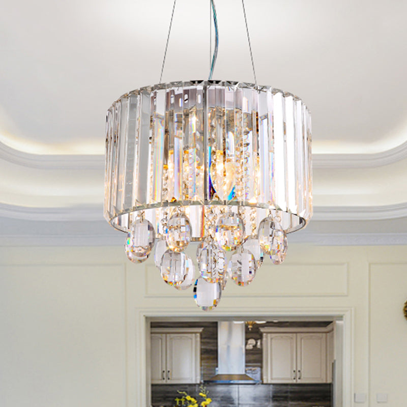 Contemporary Crystal Rod Drum Chandelier Pendant Light - 6 Heads, Clear