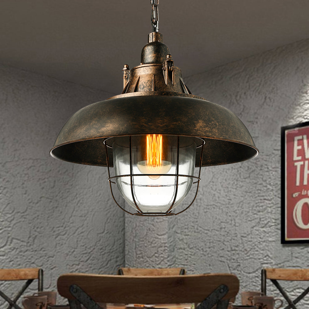 Industrial Black/Rust Metal And Glass Ceiling Light With Wire Cage - Perfect For Restaurants Rust