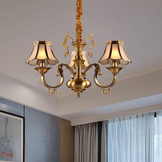 Gold Frosted Glass Pendant Chandelier With Scalloped Design And Colonial Styling - 3/5/6 Bulbs