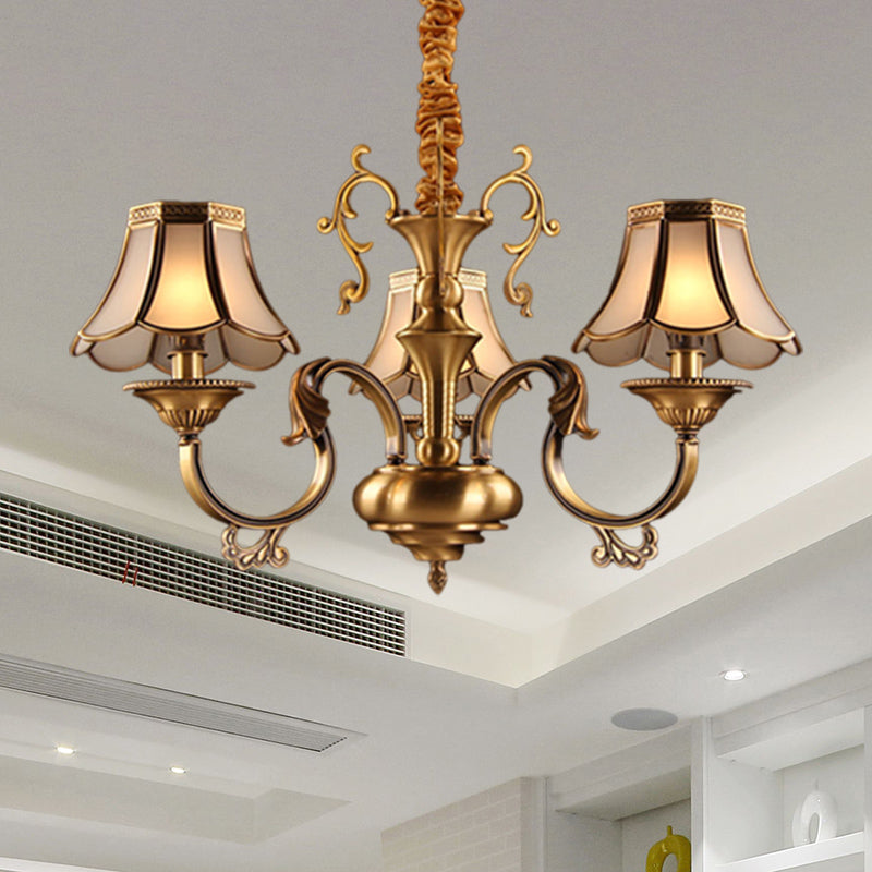 Gold Frosted Glass Pendant Chandelier With Scalloped Design And Colonial Styling - 3/5/6 Bulbs