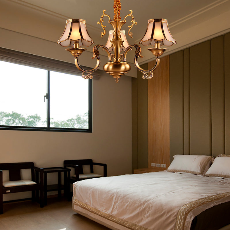 Gold Frosted Glass Pendant Chandelier With Scalloped Design And Colonial Styling - 3/5/6 Bulbs