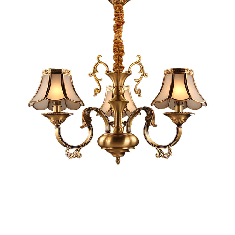 Gold Frosted Glass Pendant Chandelier With Scalloped Design And Colonial Styling - 3/5/6 Bulbs