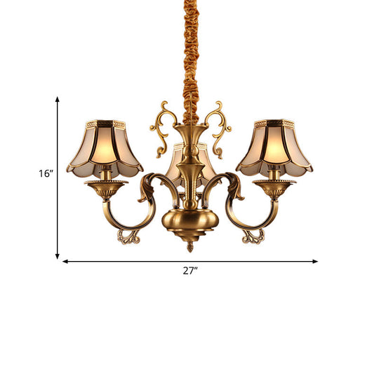 Gold Frosted Glass Pendant Chandelier With Scalloped Design And Colonial Styling - 3/5/6 Bulbs