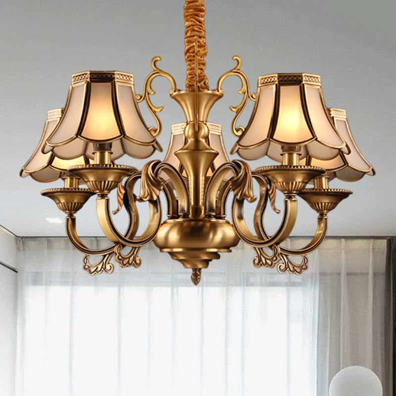 Gold Frosted Glass Pendant Chandelier With Scalloped Design And Colonial Styling - 3/5/6 Bulbs