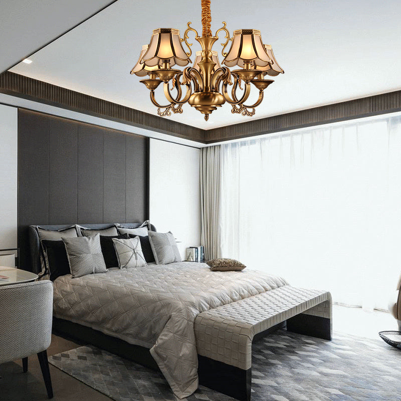 Gold Frosted Glass Pendant Chandelier With Scalloped Design And Colonial Styling - 3/5/6 Bulbs