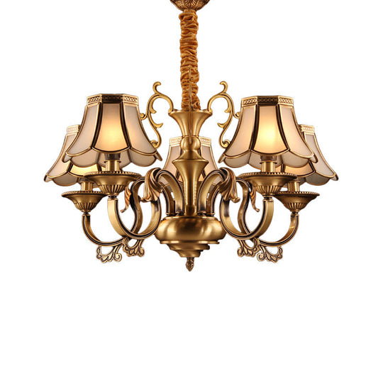 Gold Frosted Glass Pendant Chandelier With Scalloped Design And Colonial Styling - 3/5/6 Bulbs