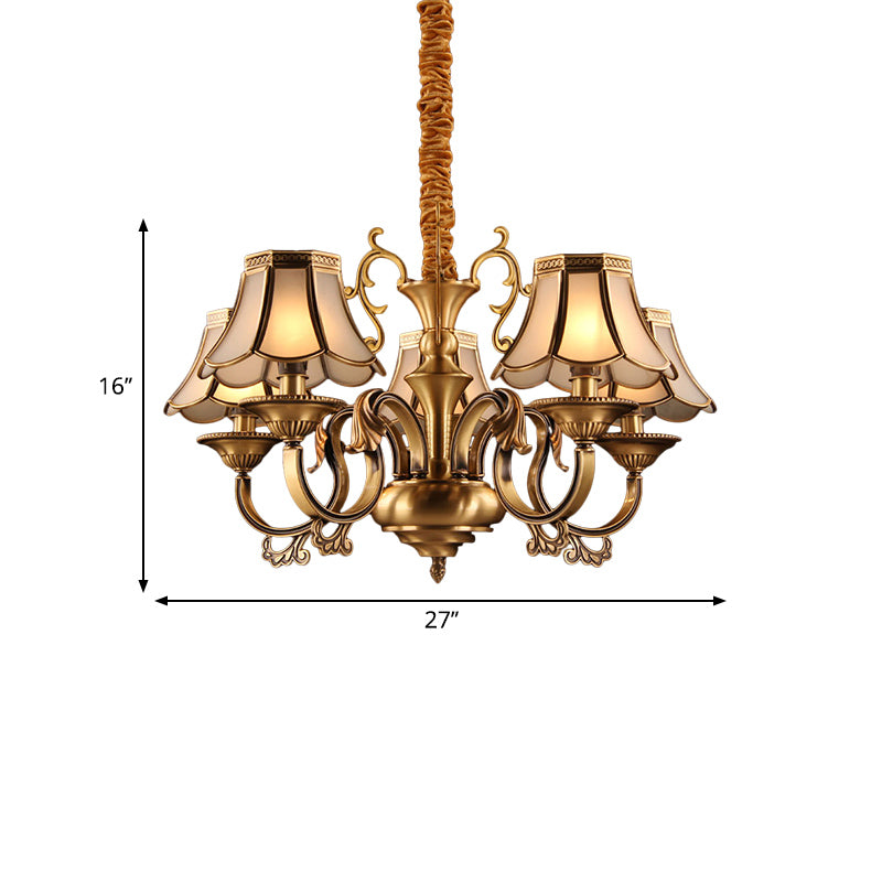 Gold Frosted Glass Pendant Chandelier With Scalloped Design And Colonial Styling - 3/5/6 Bulbs