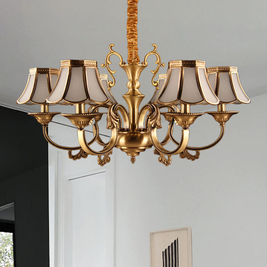 Gold Frosted Glass Pendant Chandelier With Scalloped Design And Colonial Styling - 3/5/6 Bulbs