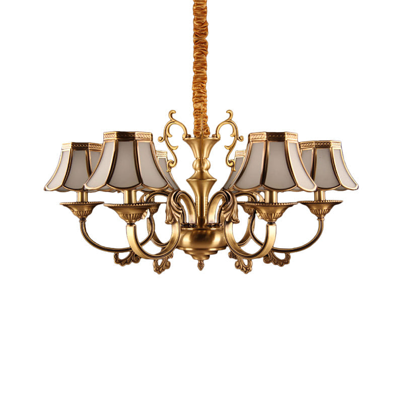 Gold Frosted Glass Pendant Chandelier With Scalloped Design And Colonial Styling - 3/5/6 Bulbs