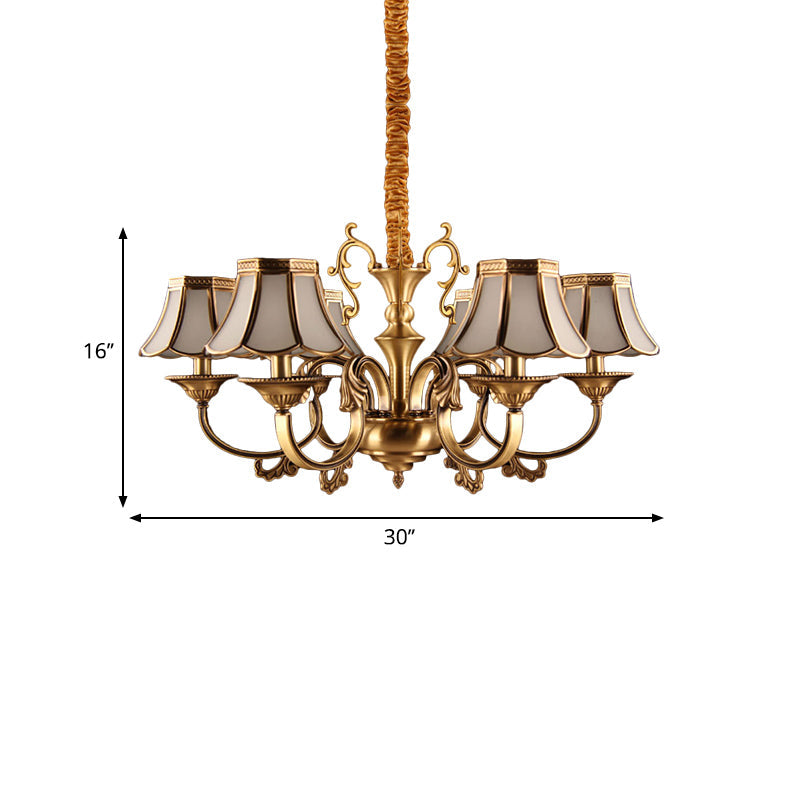 Gold Frosted Glass Pendant Chandelier With Scalloped Design And Colonial Styling - 3/5/6 Bulbs