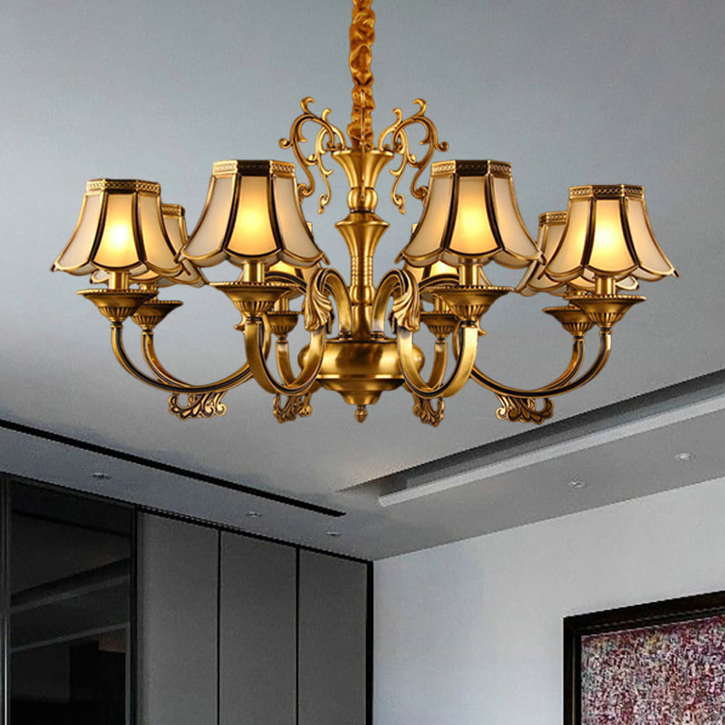 Gold Frosted Glass Pendant Chandelier With Scalloped Design And Colonial Styling - 3/5/6 Bulbs