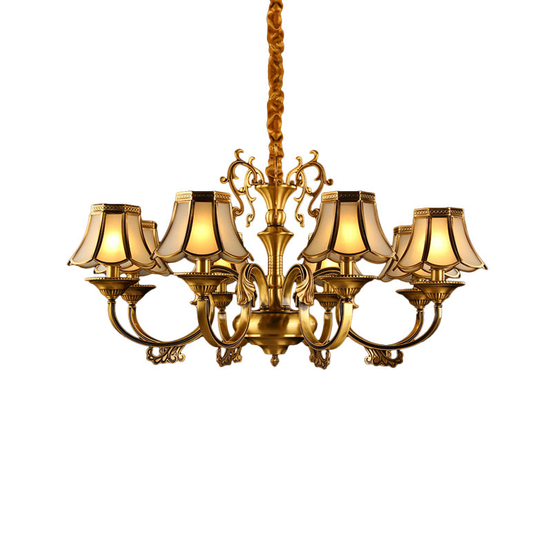 Gold Frosted Glass Pendant Chandelier With Scalloped Design And Colonial Styling - 3/5/6 Bulbs